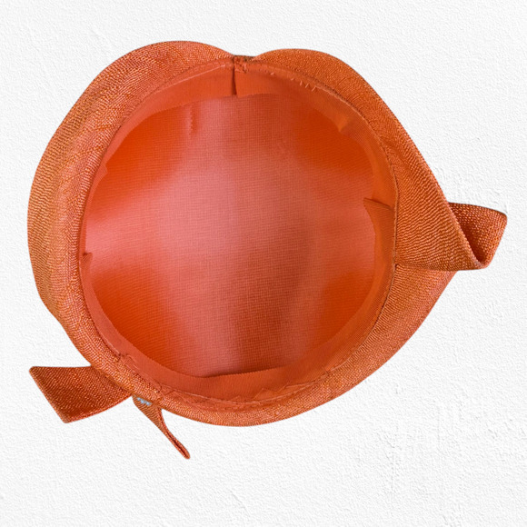 1920s Vintage Orange Cloche Hat Elegant Woven Pearl Bow Rolled Brim Veil Accent - Picture 9 of 9